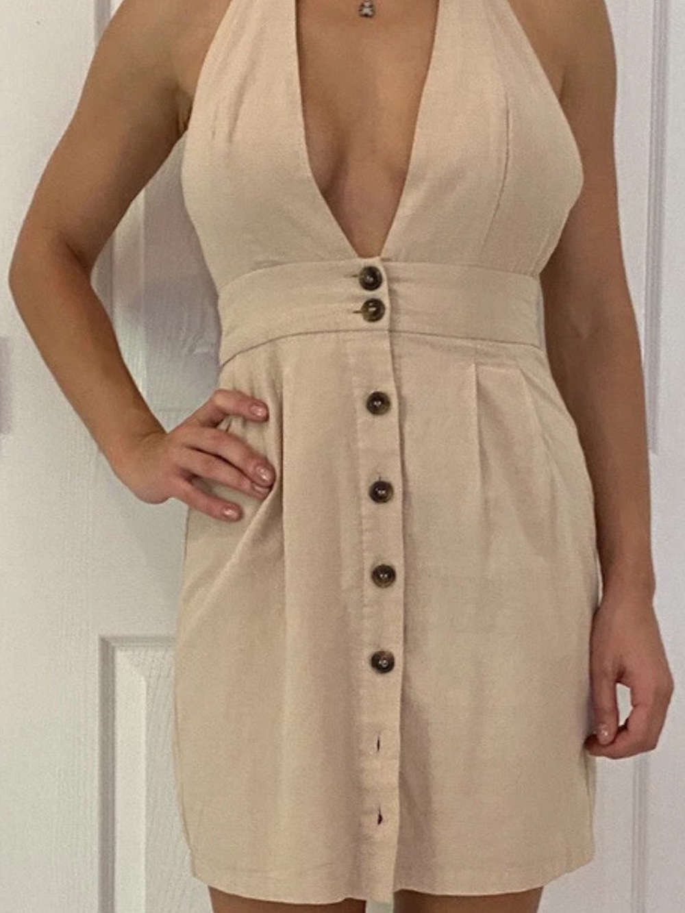 Forever 21 Women's Beige Halter Dress Button Down Front Mini Dress Size XS - Picture 1 of 8
